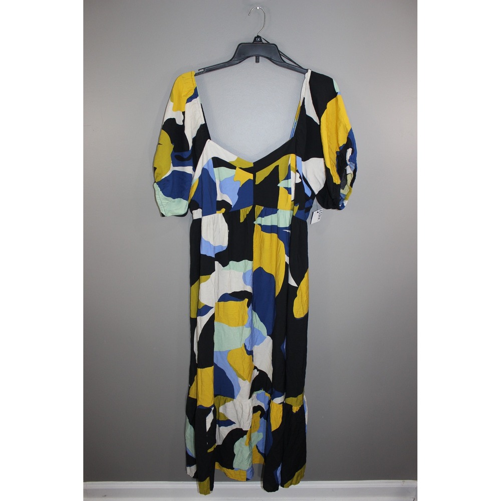 Nine West Abstract Midi Dress Womens 1X Multi Color Great Puff Sleeve Smocked